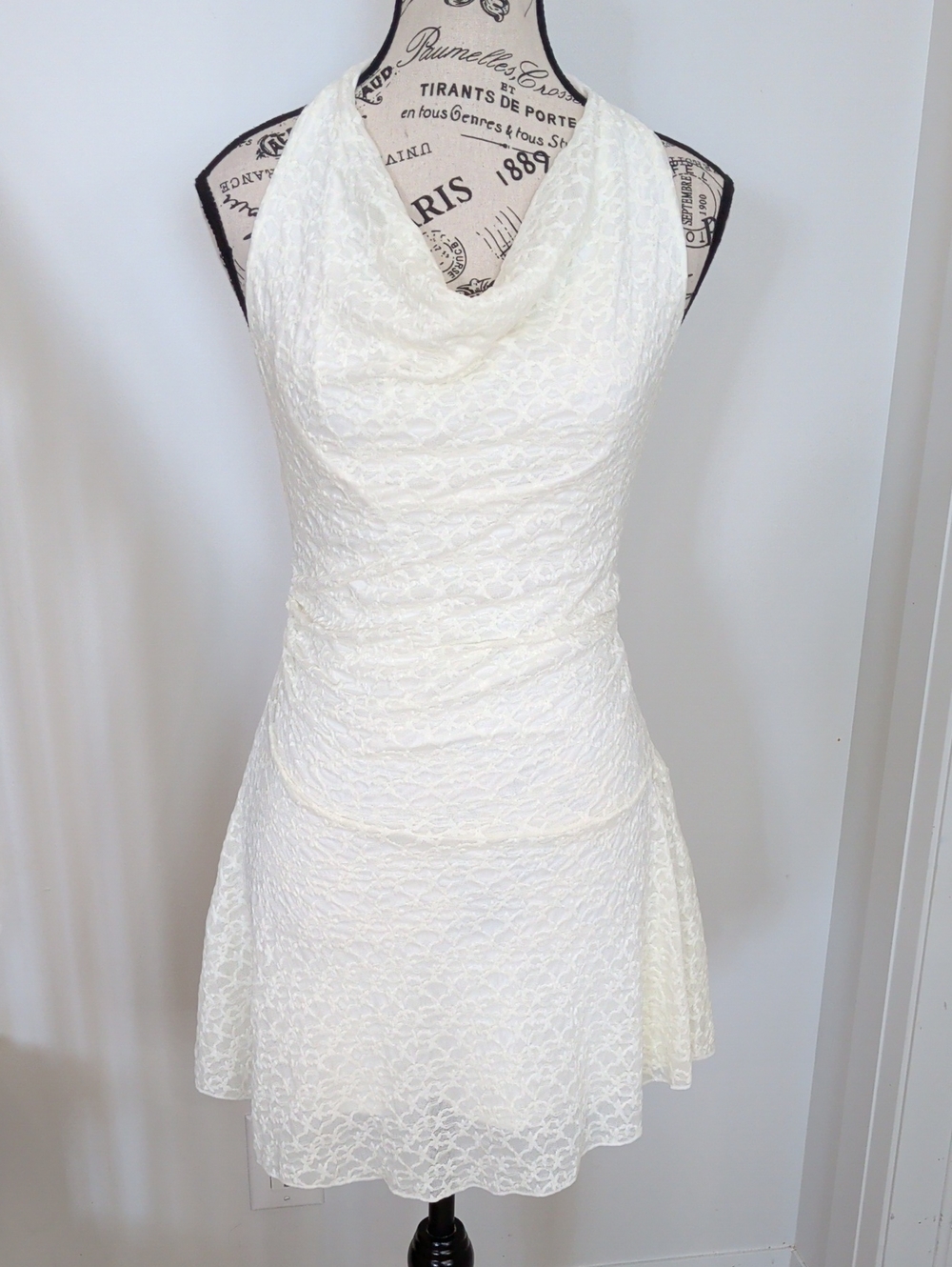 SEE YOU MONDAY | Women's Ivory Lace Halter Draped Cowl Neck Mini Dress